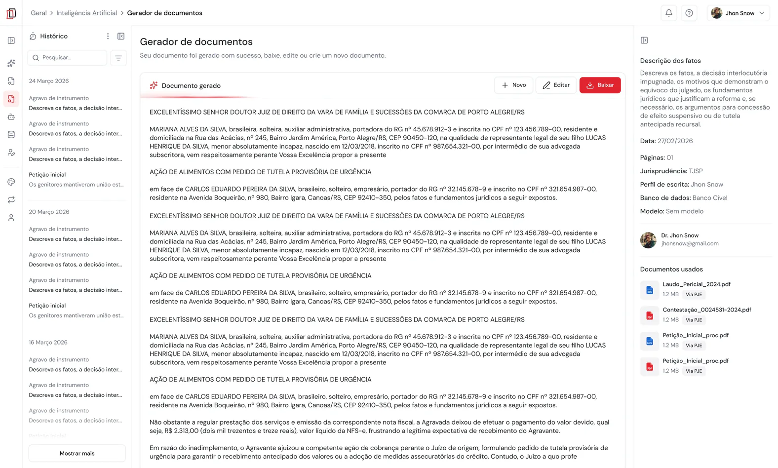 Documento jurídico gerado no JusDocs com as opções de baixar, editar ou criar um novo documento