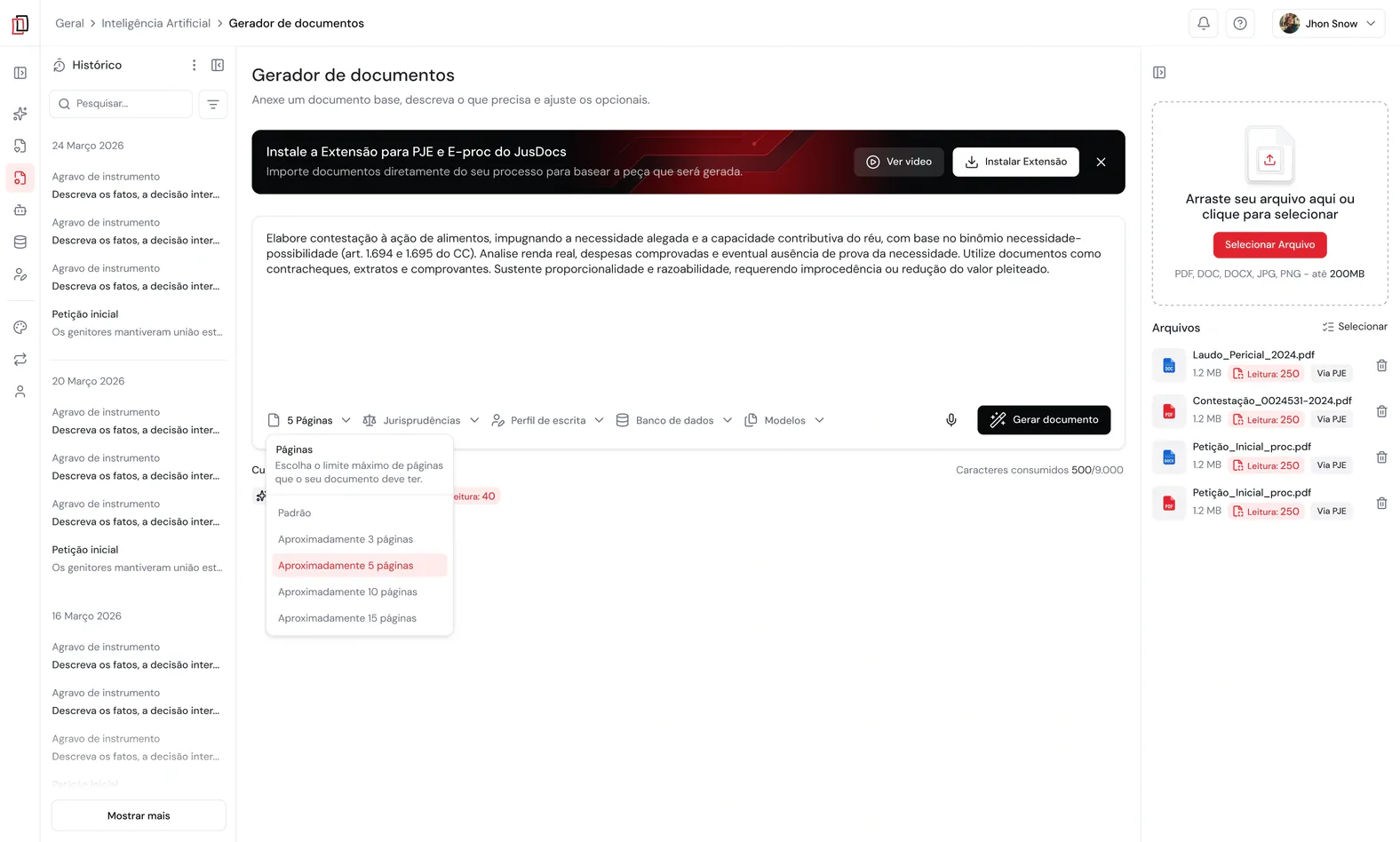 Gerador de documentos do JusDocs com o menu de número de páginas aberto e os arquivos do processo anexados