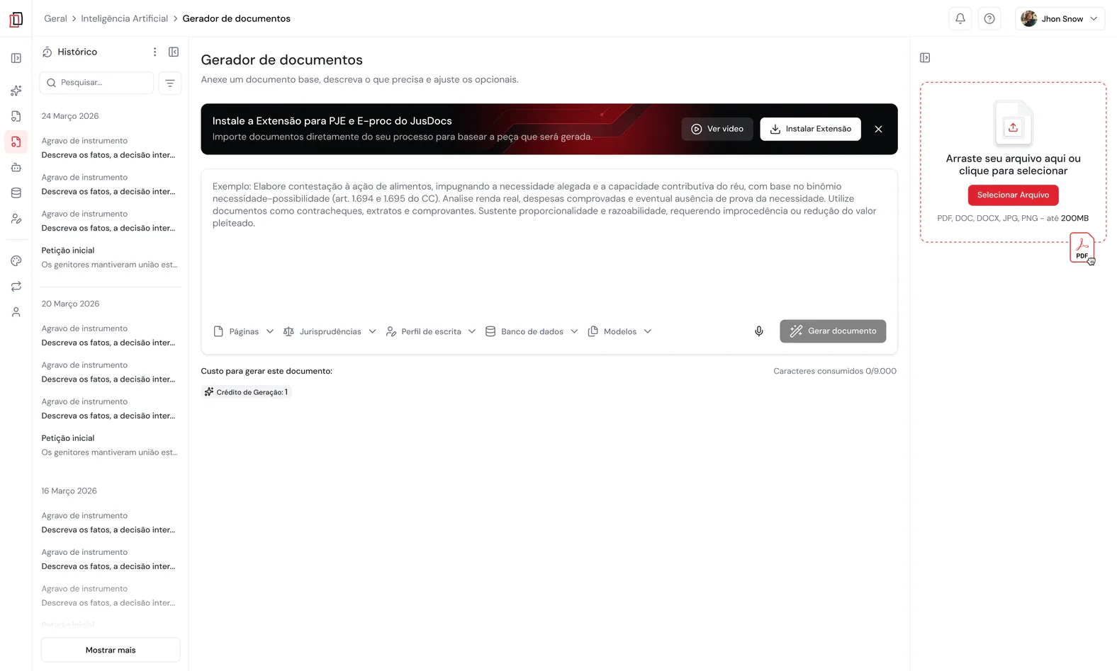 Gerador de documentos do JusDocs com um arquivo PDF sendo arrastado para a área de upload