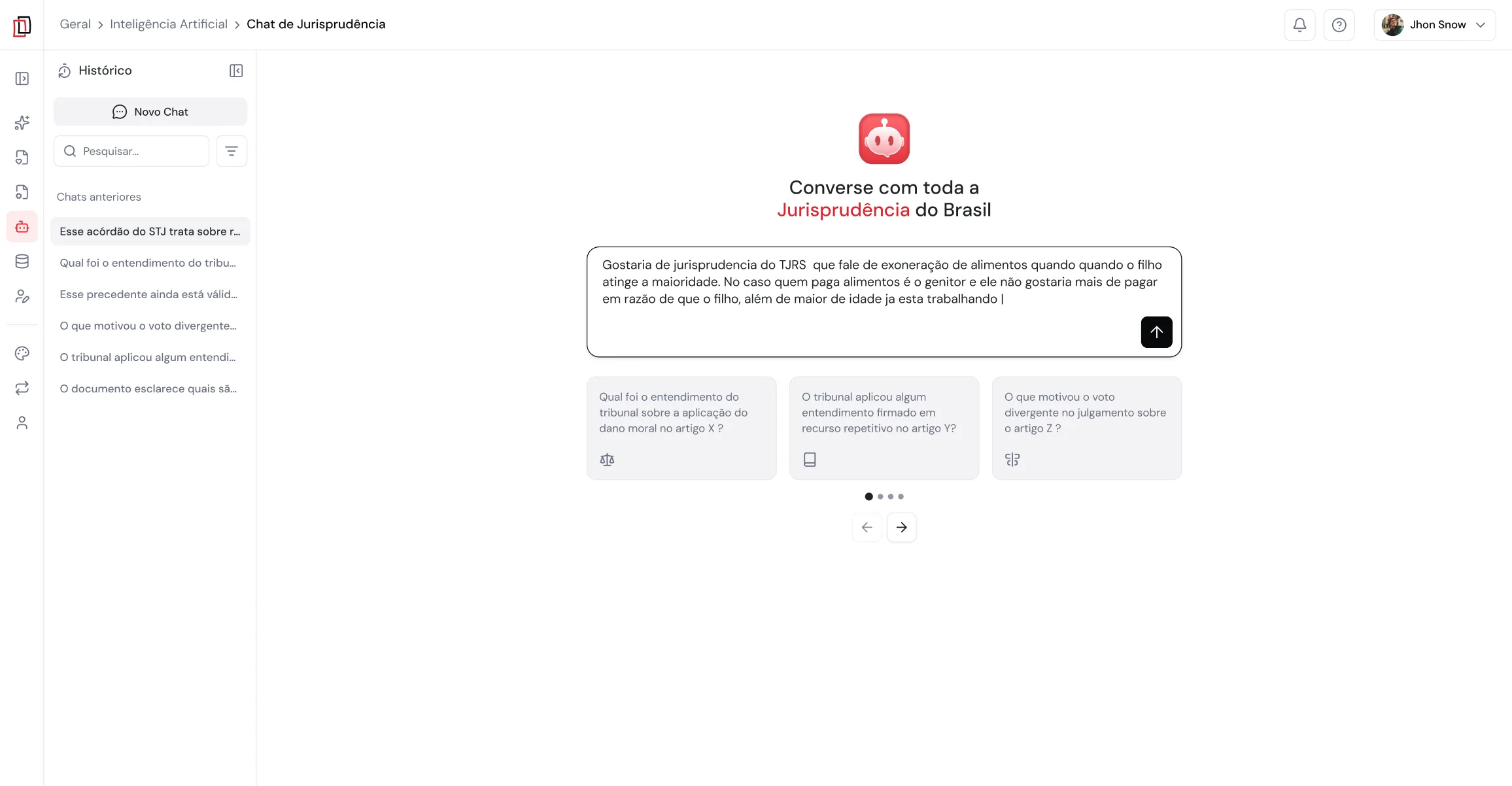 Chat de Jurisprudência do JusDocs com uma pergunta sobre exoneração de alimentos e sugestões de consulta