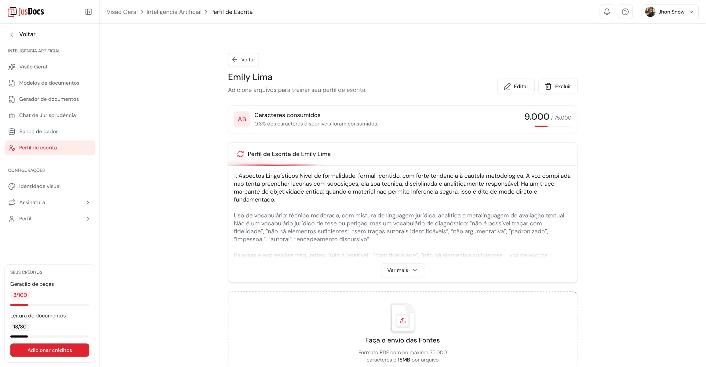 Perfil de escrita do JusDocs com a análise linguística gerada e a área de envio das fontes
