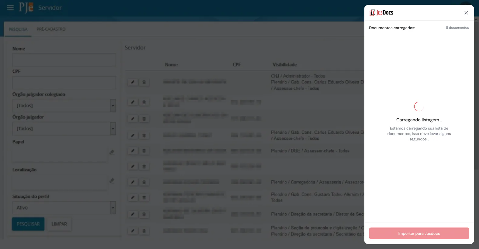 Extensão JusDocs carregando a lista de documentos de um processo