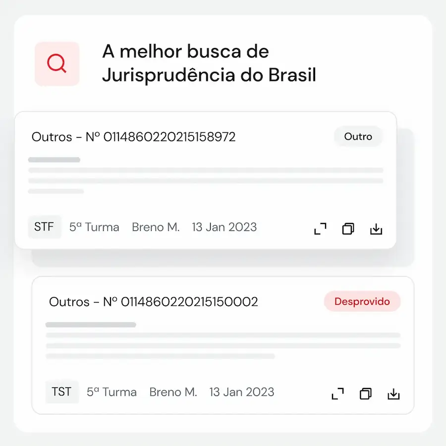Imagem de interface de usuário exibindo uma busca de jurisprudência no Brasil, com resultados detalhados de casos, filtros de tribunais e uma seção mostrando a probabilidade de êxito em percentuais. Imagem de interface de usuário exibindo uma busca de jurisprudência no Brasil, com resultados detalhados de casos, filtros de tribunais e uma seção mostrando a probabilidade de êxito em percentuais.